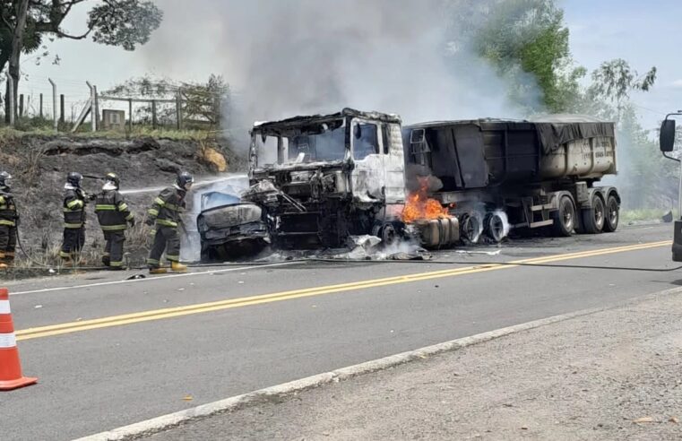 Carro e carreta pegam fogo após batida e jovem morre em rodovia de Bofete