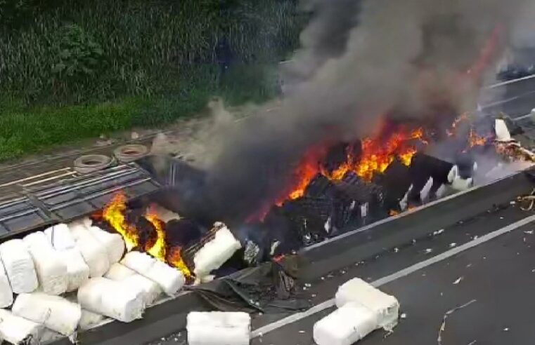 Carreta que transportava algodão tomba e carga pega fogo em rodovia do interior de SP | Bauru e Marília