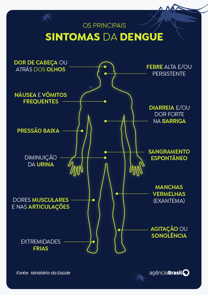 Os principais sintomas da dengue. Foto: Arte/EBC