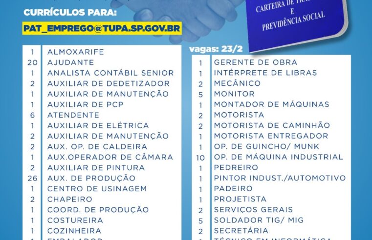 Mais de 130 vagas de emprego são anunciadas pelo PAT nessa semana | Tupã é minha cidade