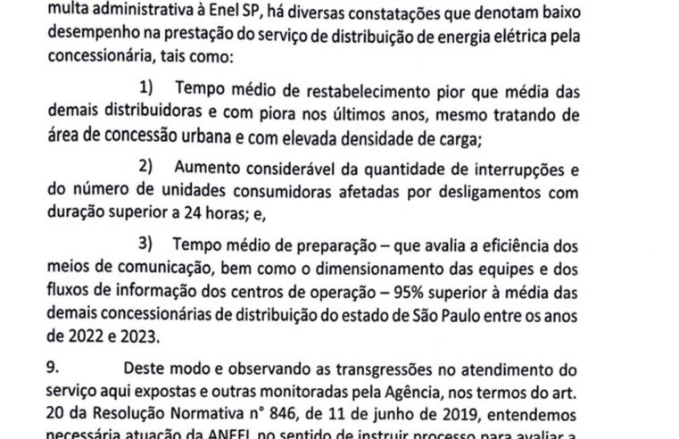 Em carta à Aneel, governo cita possibilidade de cancelar contrato da Enel e pede apuração rigorosa