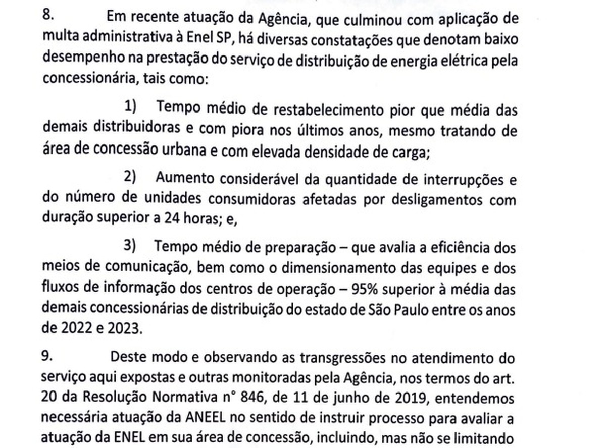 Em carta à Aneel, governo cita possibilidade de cancelar contrato da Enel e pede apuração rigorosa