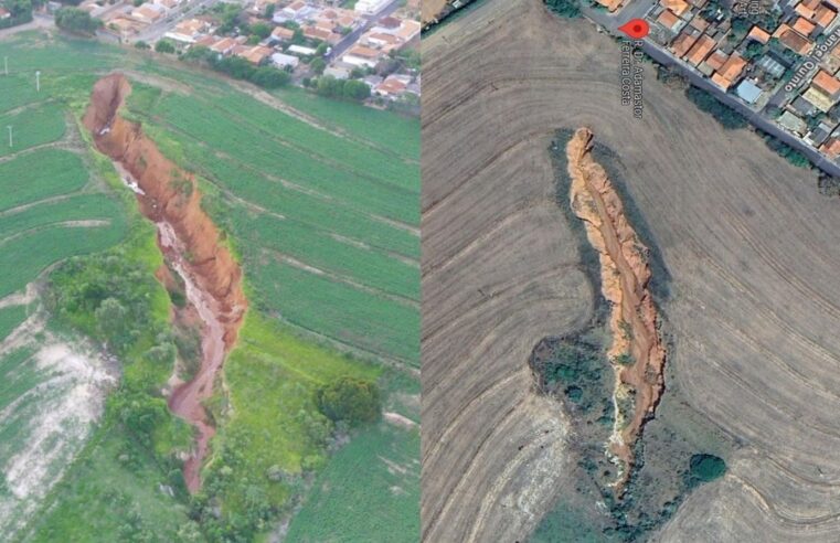 Imagens de satélite mostram avanço de cratera misteriosa sobre cidade de menos de 4 mil habitantes no interior de SP