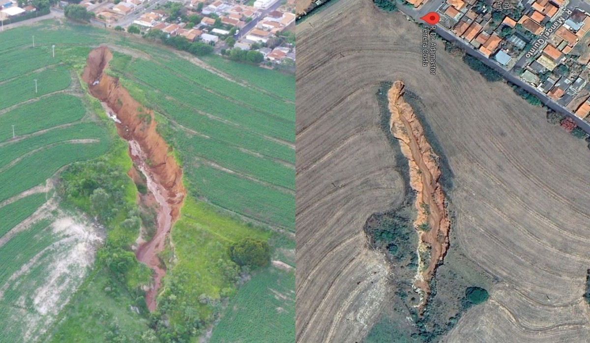 Imagens de satélite mostram avanço de cratera misteriosa sobre cidade de menos de 4 mil habitantes no interior de SP